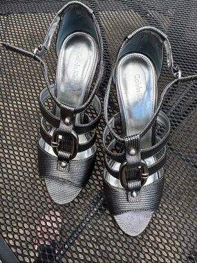 Calvin Klein Gunmetal Strappy Buckle Wedges